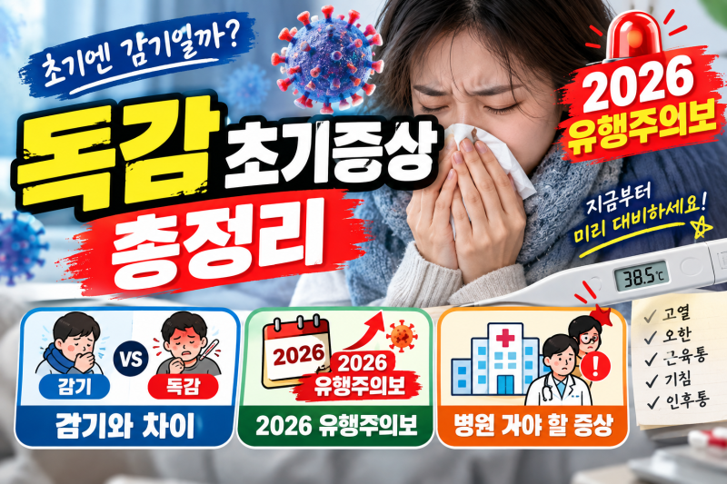 독감 초기증상 총정리 (감기와 차이·2026 유행주의보·병원 가야 할 증상)