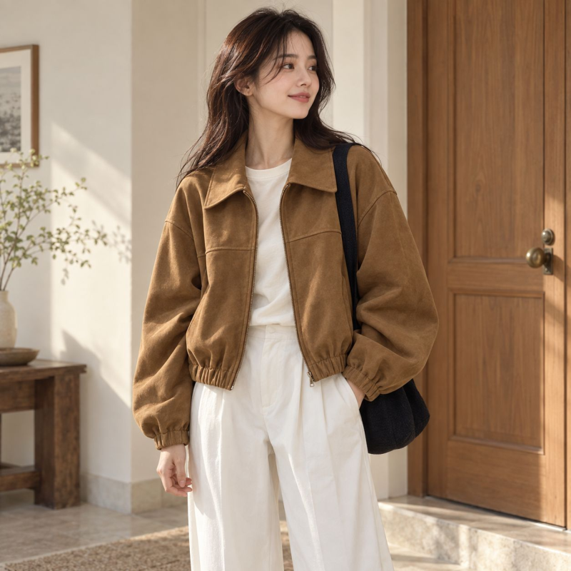 핏몬 여성 카라 스웨이드 오버핏 세미크롭 긴팔 자켓, 카멜 코디와 핏 살펴보기