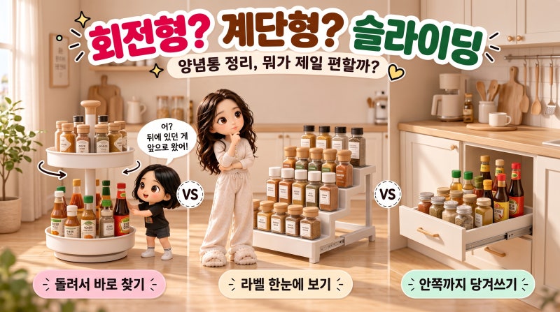 회전 양념통 정리대 vs 계단형 선반 vs 슬라이딩 정리함｜주방 양념통, 뭐가 제일 실용적일까?
