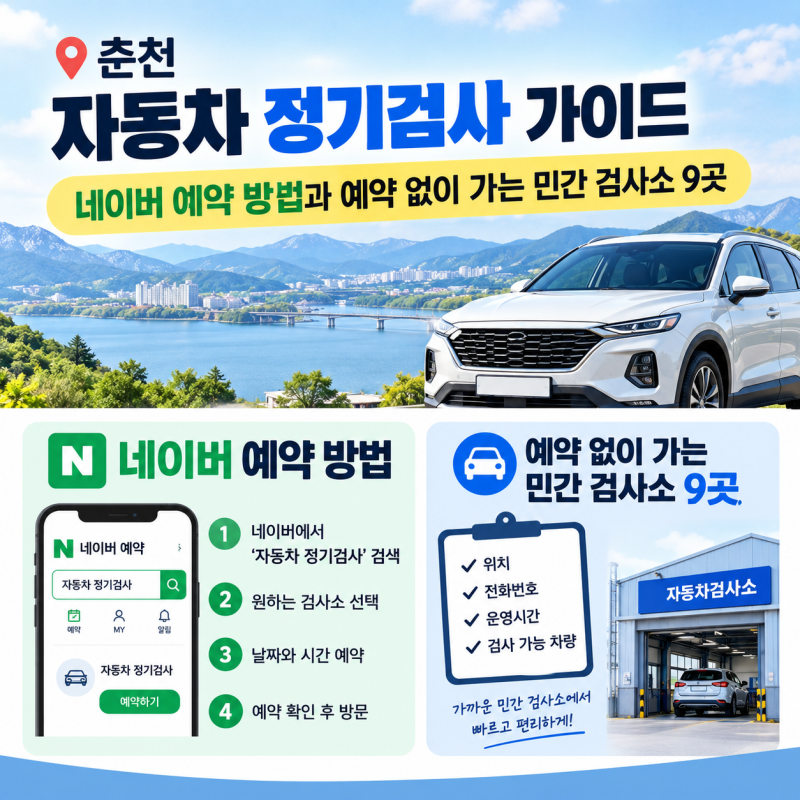 춘천 자동차 정기검사 가이드: 네이버 예약 방법과 예약 없이 가는 민간 검사소 9곳(2026년)