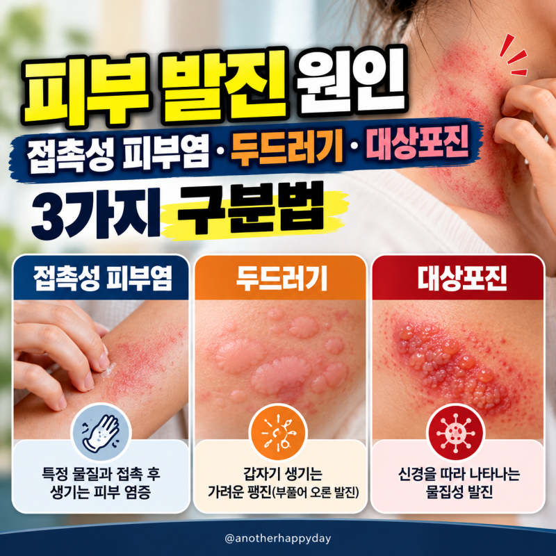 피부 발진 원인 | 접촉성 피부염·두드러기·대상포진 구분법
