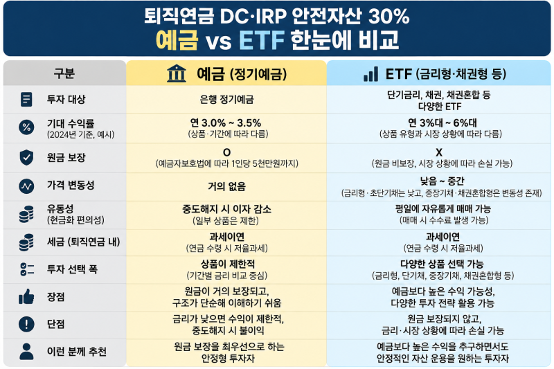 퇴직연금 DC·IRP 안전자산 30% 뭘 사야 할까? 예금 vs ETF 총정리
