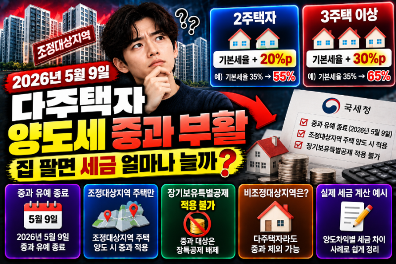 2026 다주택자 양도세 중과 부활｜2주택 +20%·3주택 +30%, 집 팔면 세금 얼마나 늘까?