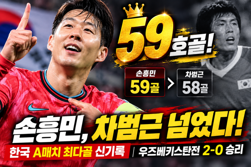 ⚽ 손흥민 59호골!!! 차범근 넘었다!한국 A매치 최다골 신기록·우즈베키스탄전 2-0 승리