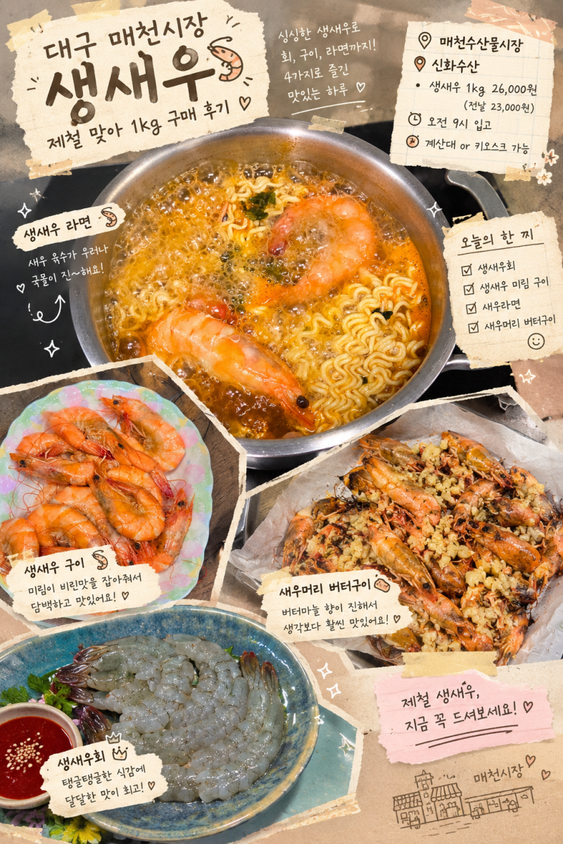 대구 매천시장 수산물 생새우 제철 맞아 1kg 구매 후기 + 생새우회·새우구이·새우머리버터구....