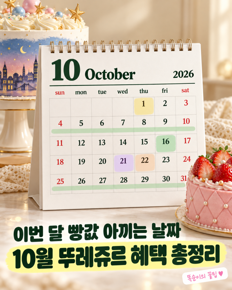 뚜레쥬르 10월 할인 총정리 2026, 뚜쥬데이 22%·T day 최대 50%·네이버페이 롤케이크와 우유식빵 ....
