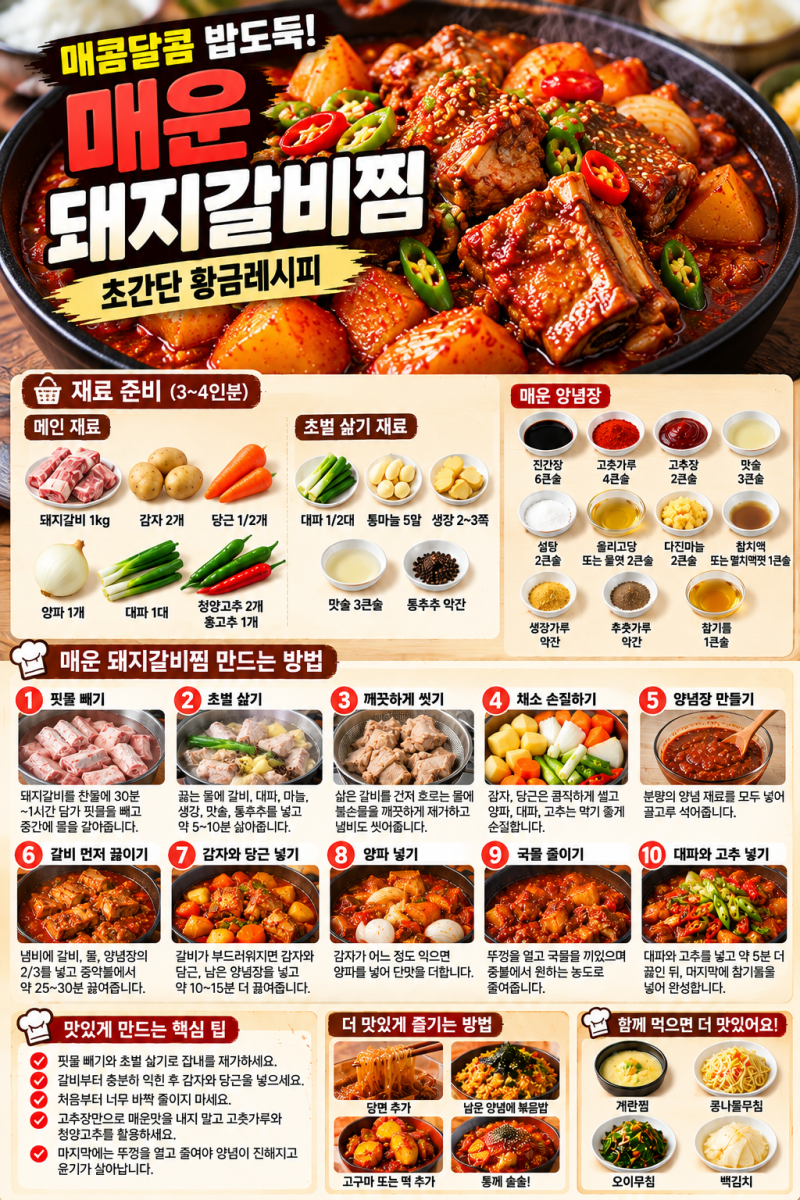 초간단 매운 돼지갈비찜 레시피 매콤달콤 황금레시피