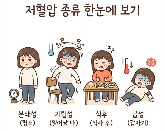 저혈압 종류 총정리｜본태성·기립성·식후 저혈압과 급성 저혈압의 특징과 차이