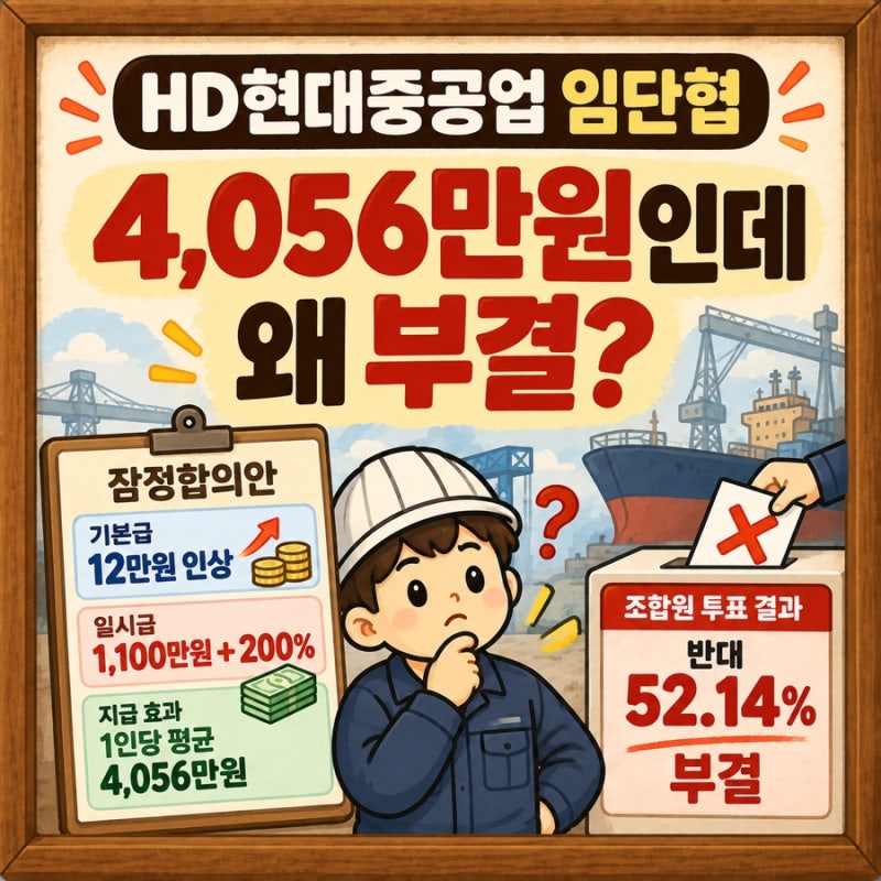 HD현대중공업 임단협 부결, 기본급 12만원·4,056만원 지급 효과인데 왜?