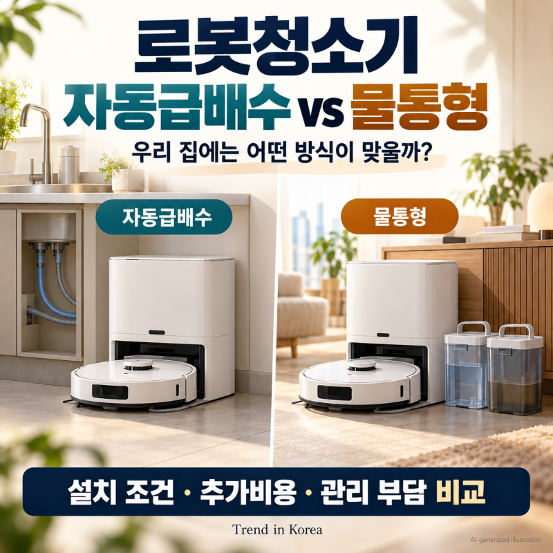로봇청소기 자동급배수 vs 물통형｜설치 조건·추가비용·관리 부담 비교