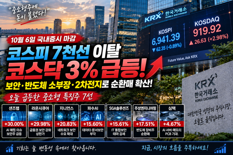 장마감 시황 ㅣ코스닥 3% 급등! 샌즈랩·라온시큐어 상한가…오늘 급등주 7선 총정리