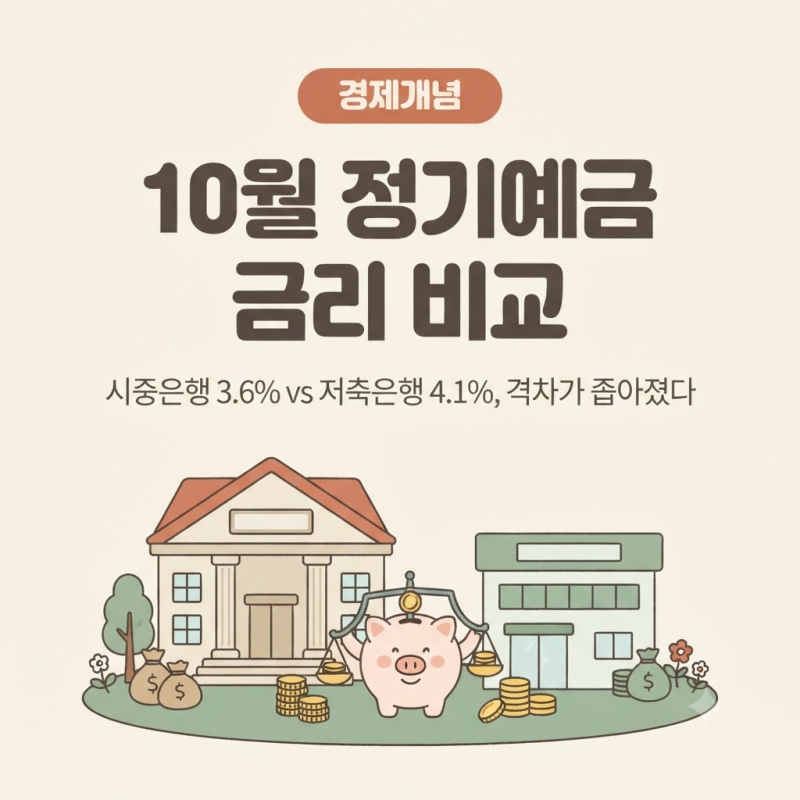 정기예금 금리 비교 2026년 10월｜1년 만기 은행 3.6% vs 저축은행 4.1%, 격차가 좁아졌다