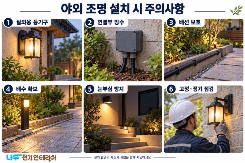 야외 조명 설치 시 주의사항｜방수부터 누전 예방까지 꼭 확인하세요