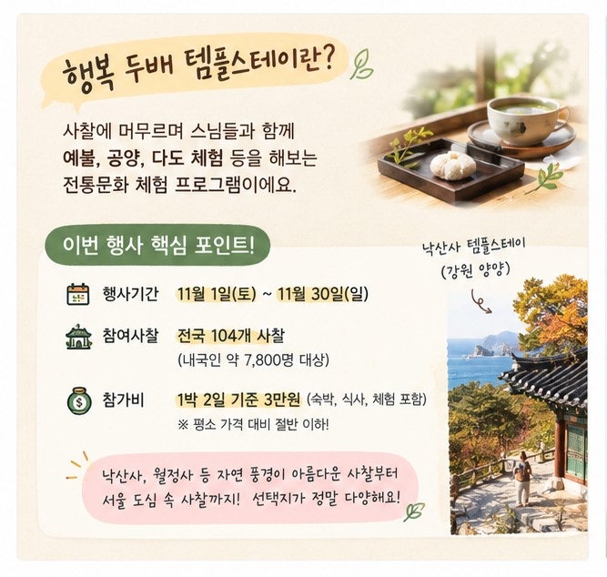 템플스테이 3만원 역대급 할인, 11월 행복두배 템플스테이 예약 방법