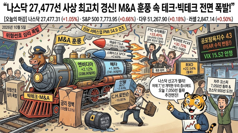 [1006 미국 증시 마감] : "나스닥 27,477선 사상 최고치 경신! M&A 훈풍 속 테크·빅테크 전면 폭발!....