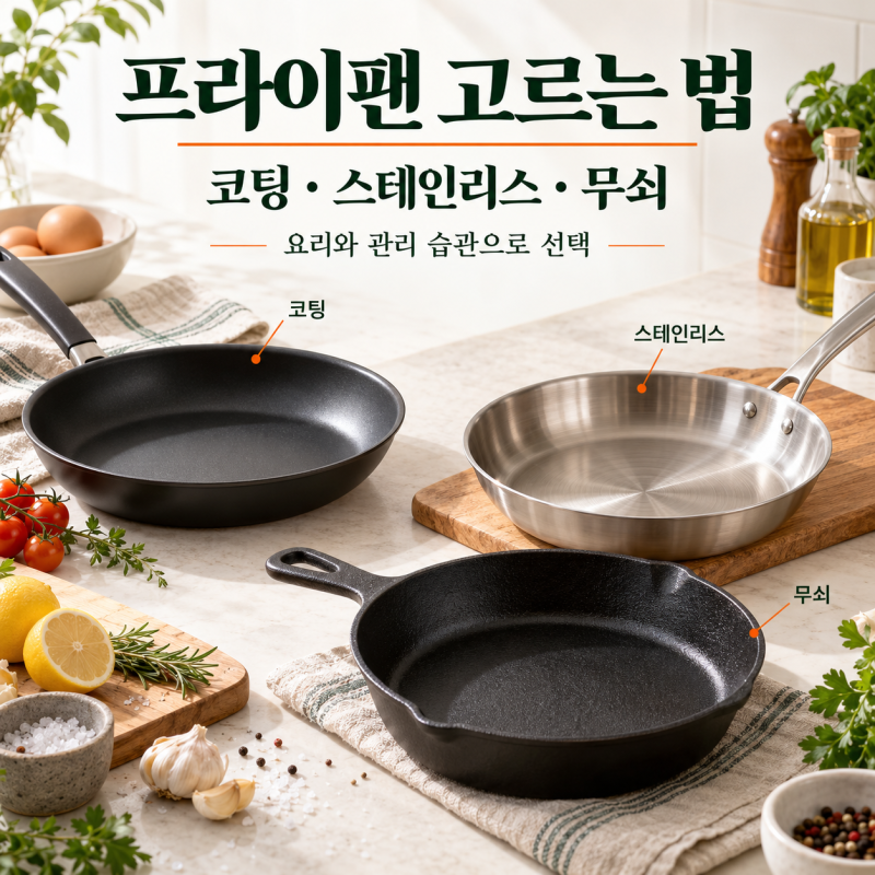 프라이팬 고르는 법｜코팅·스테인리스·무쇠, 요리와 관리로 비교