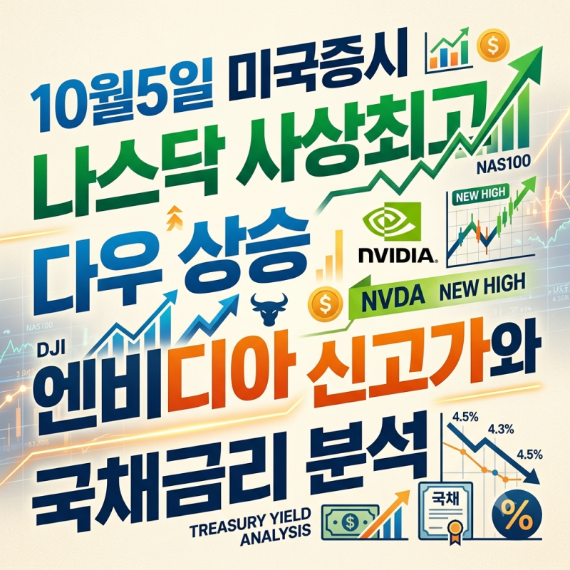 10월5일 미국증시 나스닥 사상최고 다우 상승 엔비디아 신고가와 국채금리 분석