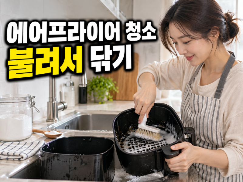 에어프라이어 청소, 바스켓 기름때는 불려서 닦아