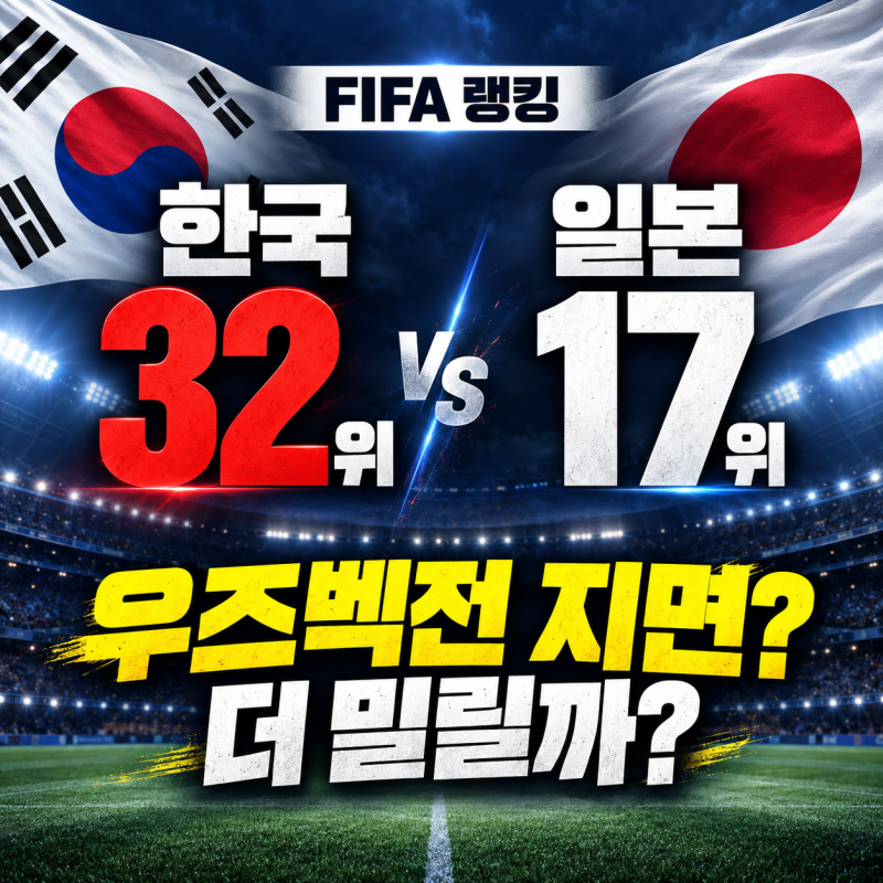 한국 FIFA 랭킹 32위, 일본은 17위…우즈벡전 지면 더 밀릴까?