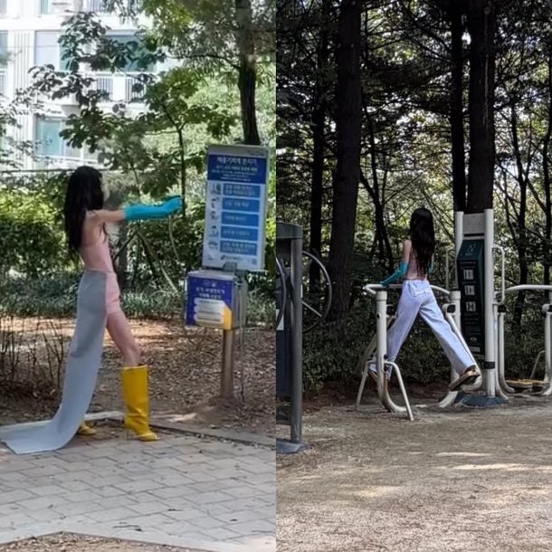 장원영 산스장 포착, 핑크 히어로가 운동하다 벤치에 누운 이유