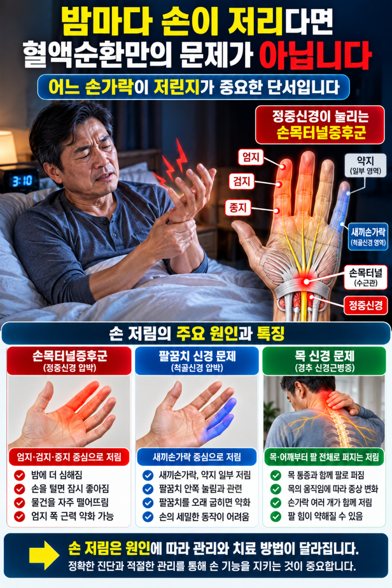 50대 자다가 손이 저려 깬다면? 손목터널증후군과 목 신경 문제를 구분해야 하는 이유