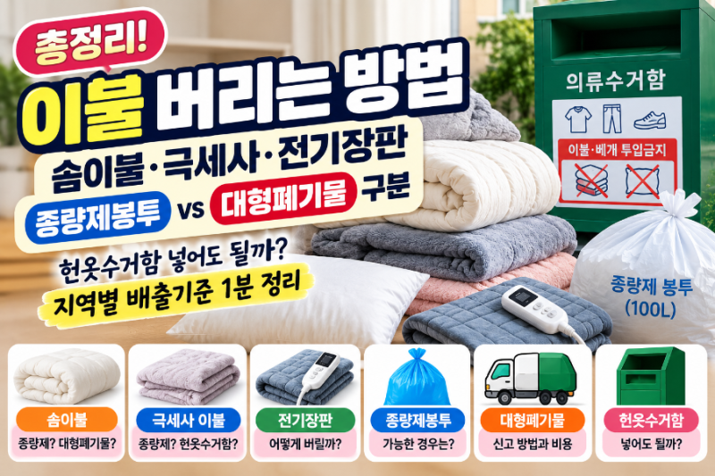 이불 버리는 방법 총정리 (솜이불·극세사·전기장판 종량제봉투 대형폐기물 구분)