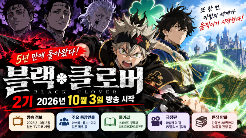 “5년 만에 돌아왔다” 블랙 클로버 애니 - 2기 2026년 10월 3일 방송 시작·줄거리·등장인물 총....