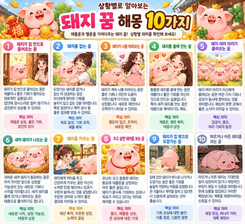 [돼지 꿈] 해몽 10가지 상황별 총정리! 재물운 터지는 길몽과 태몽 분석
