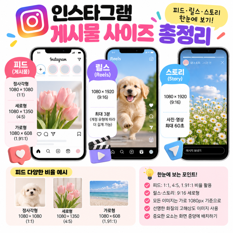 인스타그램 게시물 사이즈 총정리 | 피드·릴스·스토리 사이즈 한눈에 정리