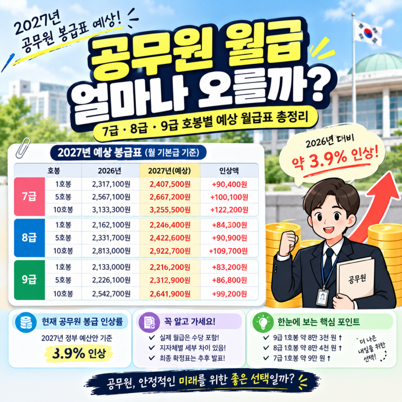 2027년 공무원 월급 얼마나 오를까? ｜7급·8급·9급 호봉별 예상 봉급표 총정리
