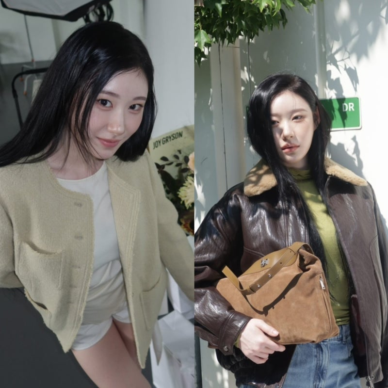 조이그라이슨과 함께한 있지 채령 트위드 가죽 레더 자켓, 터틀넥 니트, 청바지 등