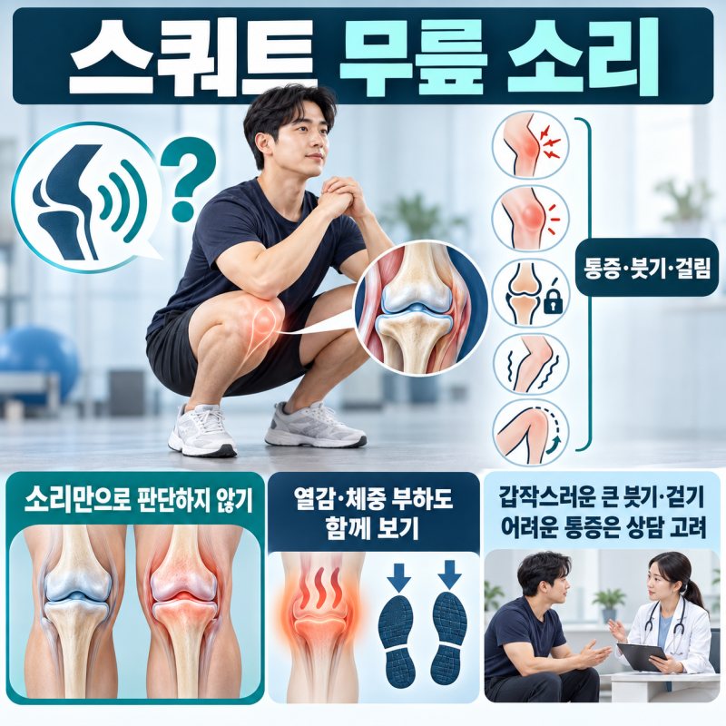 관절, 스쿼트 때 무릎에서 소리가 나면 계속해도 될까? 통증·붓기·걸림을 함께 보는 기준