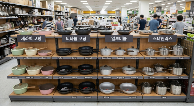 냄비 프라이팬 재질 비교｜세라믹 코팅·티타늄 코팅·알루미늄·스테인리스 사용법
