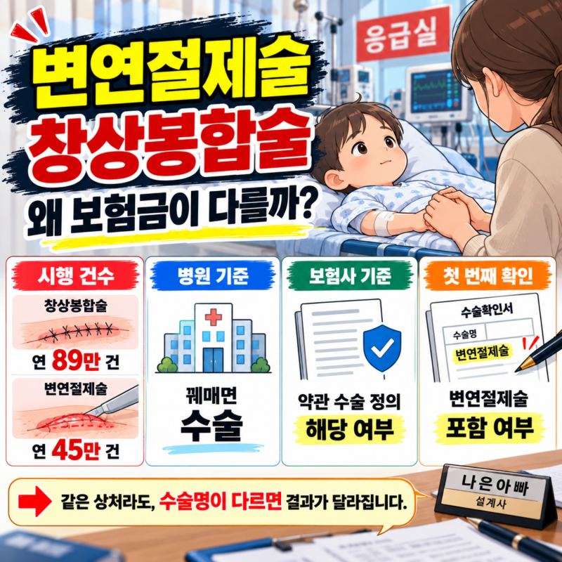 변연절제술 창상봉합술 상해수술비 코드와 보상 여부