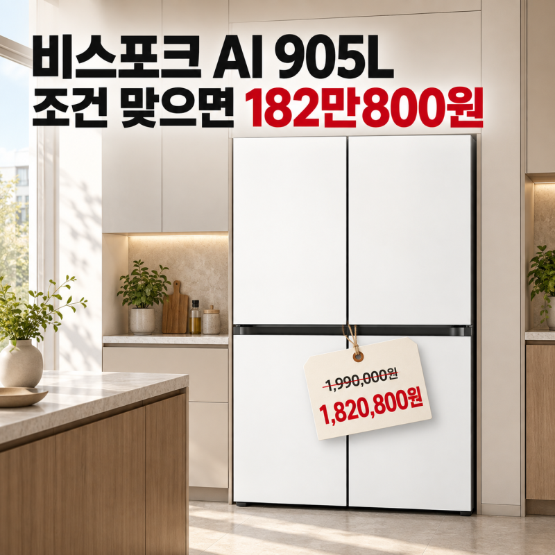 삼성 비스포크 AI 냉장고 RM70F90R2ZD 905L, 182만800원 결제 조건은?