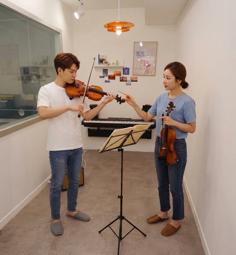 오늘은뮤직 오산점 바이올린 강사가 왼손 운지를 시범으로 보여 주는 모습