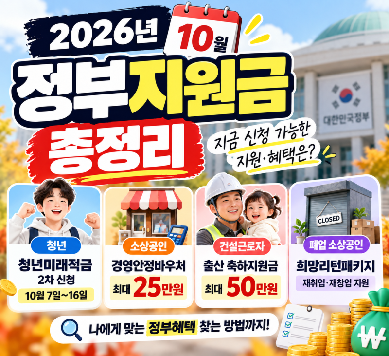 2026년 10월 정부지원금 총정리｜지금 신청 가능한 지원·혜택 뭐가 있을까?