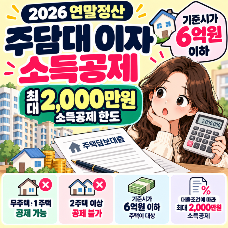 2026 주담대 이자 연말정산 소득공제｜기준시가 6억원·최대 2,000만원 조건 총정리