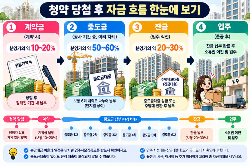 청약 당첨 후 돈은 언제 필요할까｜계약금·중도금·잔금 자금계획 계산법