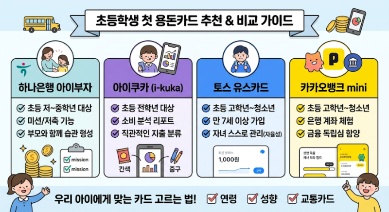 초등학생 첫 용돈카드 추천 & 비교: 아이부자, 토스 유스, 카카오뱅크 mini, 아이쿠카 완벽 정....