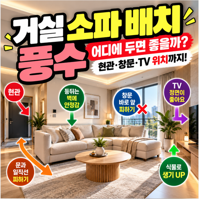 거실 소파 배치 풍수, 어디에 두면 좋을까? 현관·창문·TV 위치까지