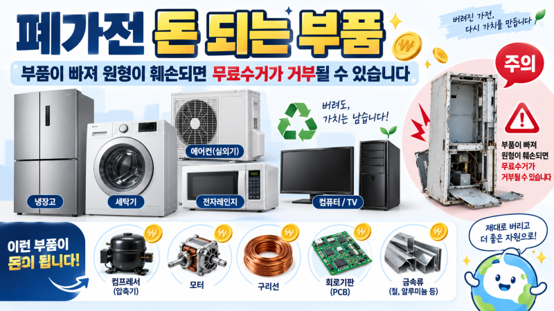 폐가전 돈 되는 부품, 부품이 빠져 원형이 훼손되면 무료수거가 거부될 수 있습니다