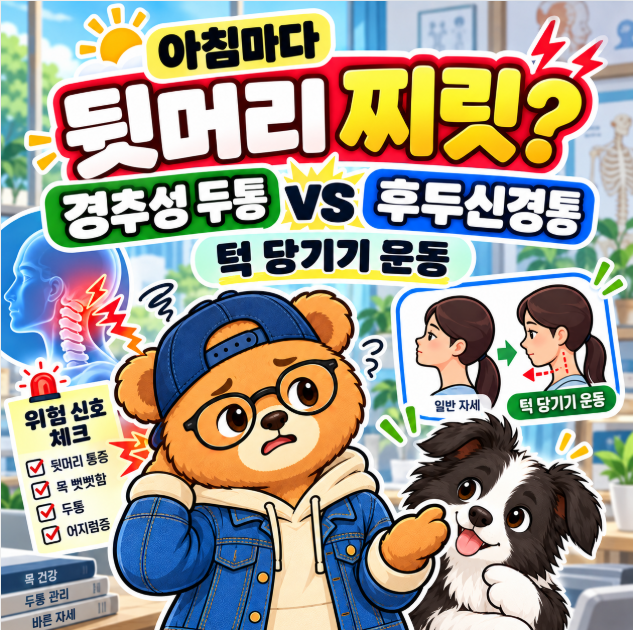 아침마다 뒷머리 찌릿한 통증: 경추성 두통 vs 후두신경통 구별법과 턱 당기기 운동