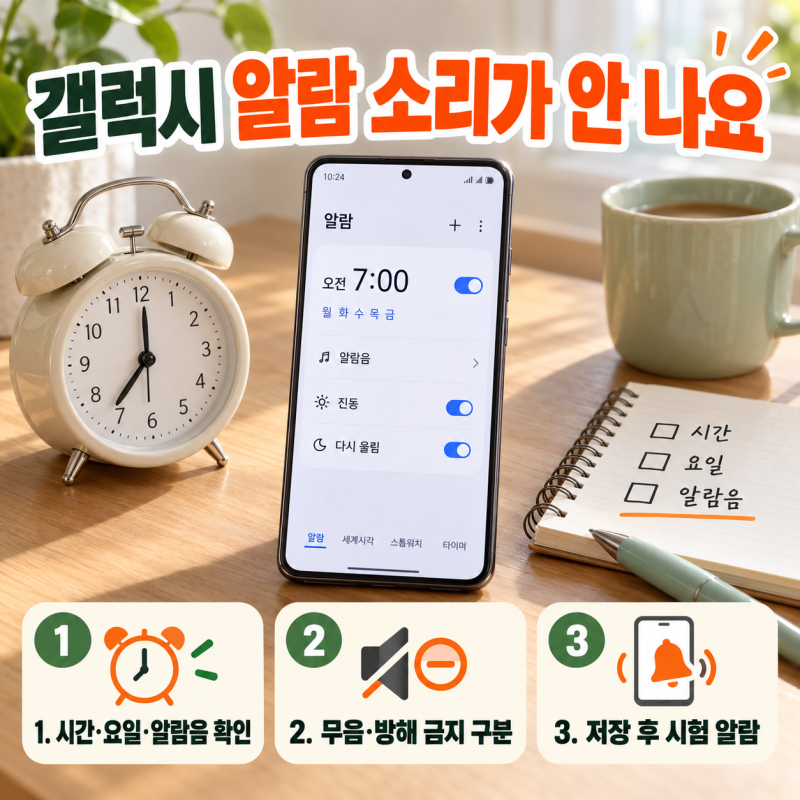 갤럭시 알람 소리가 안 날 때, 시간·무음 설정·방해 금지를 확인하세요