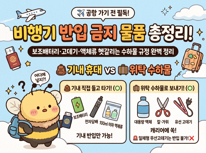 비행기 반입 금지 물품 총정리: 보조배터리·고데기·액체류 헷갈리는 수하물 규정