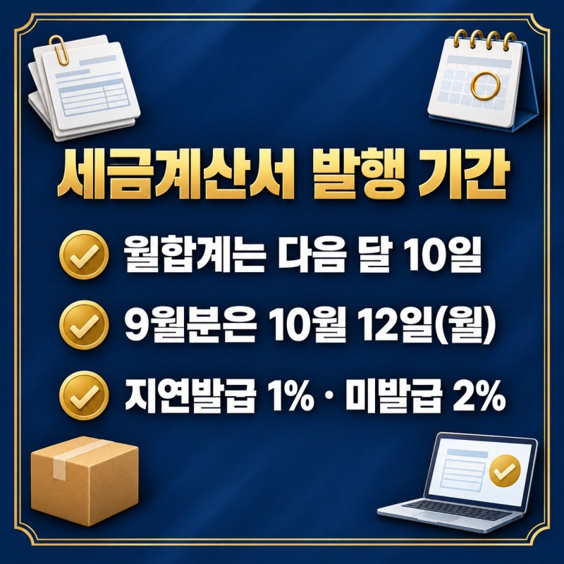 세금계산서 발행 기간｜월합계 다음 달 10일·10월은 12일·지연발급 가산세