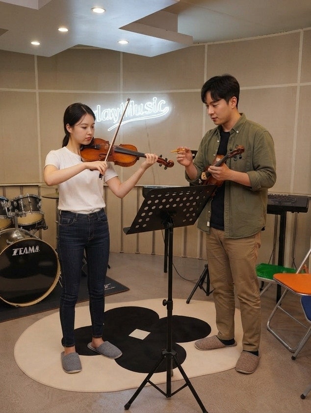 오늘은뮤직 오산점 바이올린 레슨실에 놓인 바이올린과 활