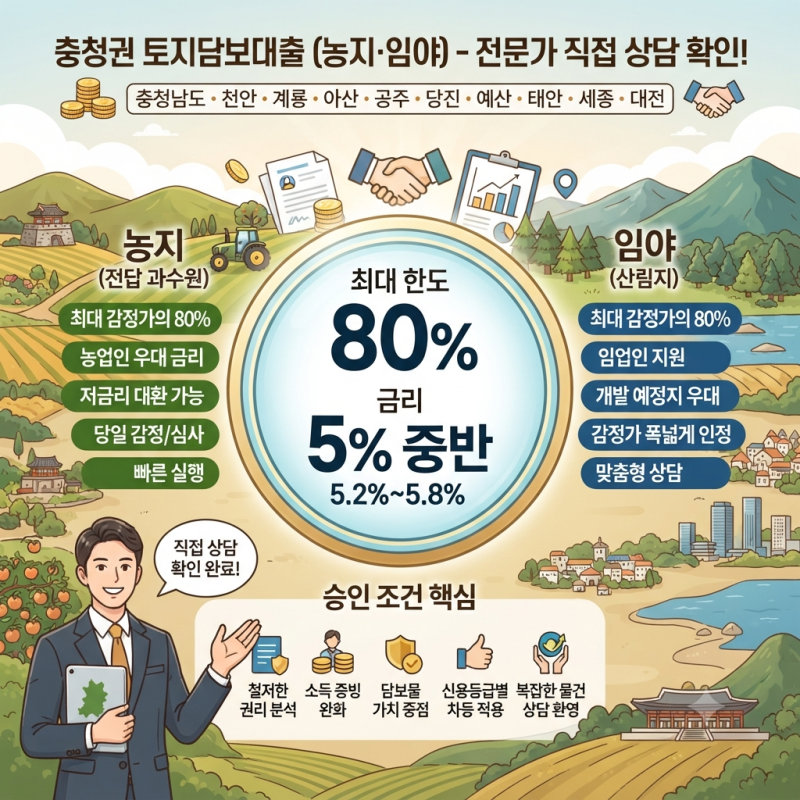 충청도(충청남도,천안,계룡,아산,공주,당진,예산,태안,세종,대전) 토지담보대출, 직접 상담하....
