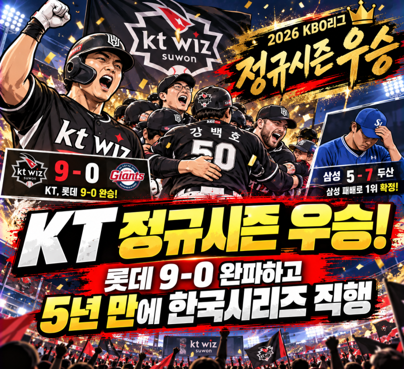 [스포츠] KT 정규시즌 우승 확정! 롯데 9-0 완파하고 5년 만에 한국시리즈 직행
