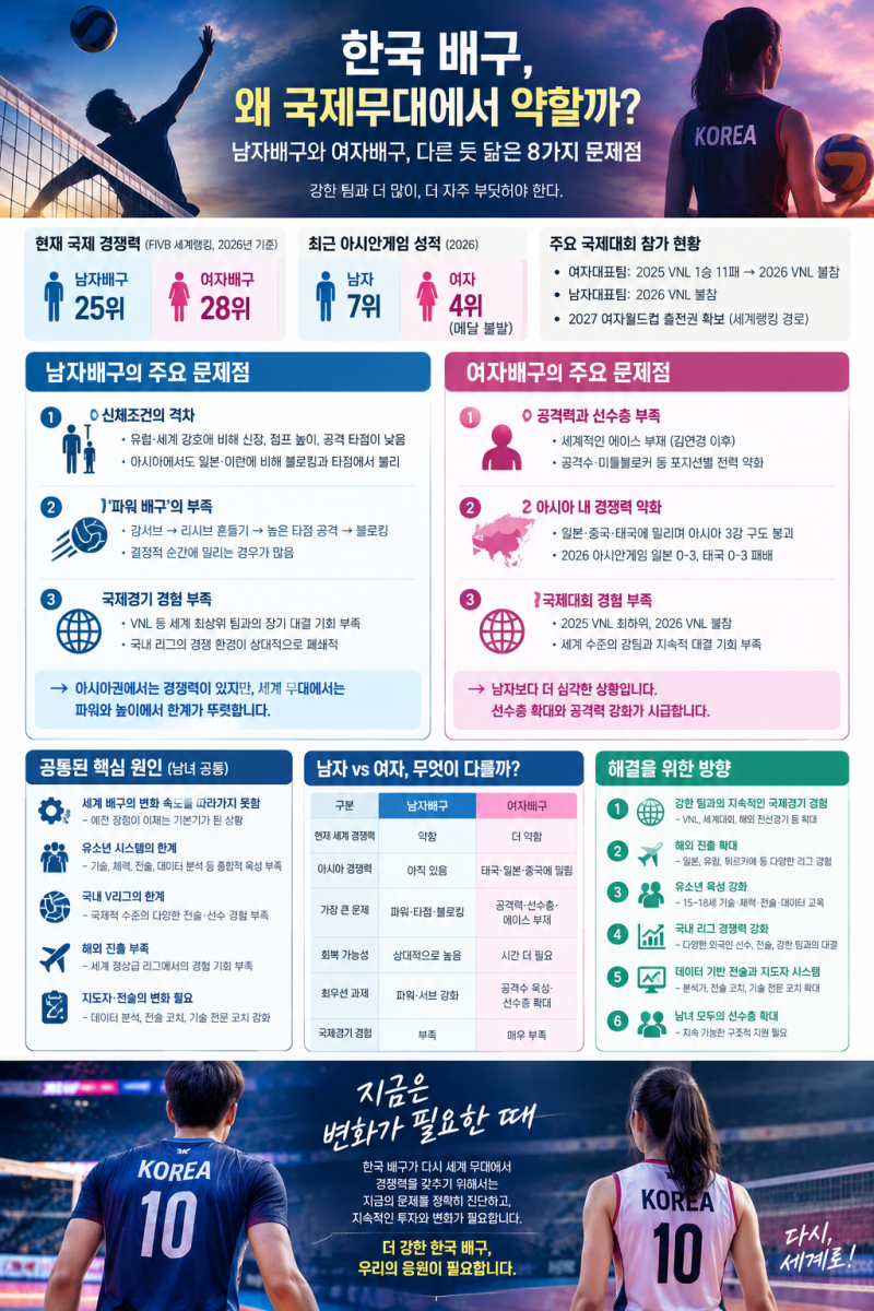 제 20회 나고야 아시안게임에 노메달인 남,여배구의 문제점